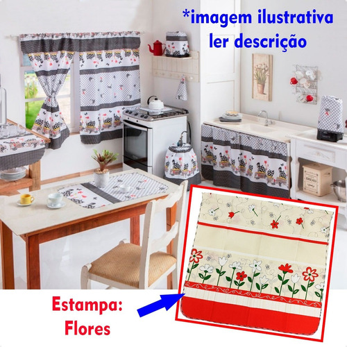 Kit C/ 8 Peças Jogo De Cozinha E Decoração C/ Cortina Flores